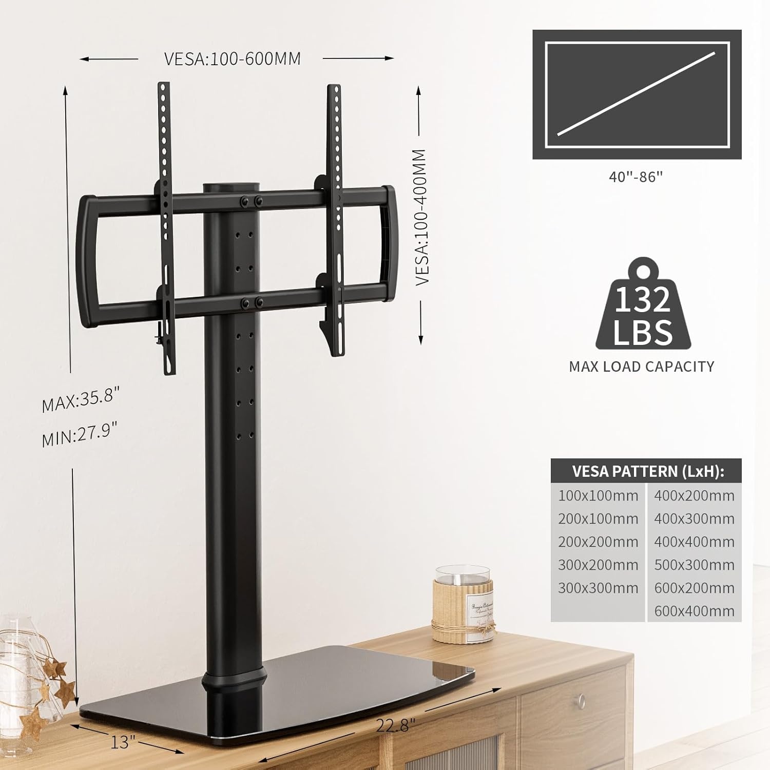 image:imageUniversal TV StandBase Tabletop TV Stand with Wall Mount for 40 to 86 inch 5 Level Height Adjustable Heavy Duty Tempered Glass Base Holds up to 132lbs Screens HT03B003
