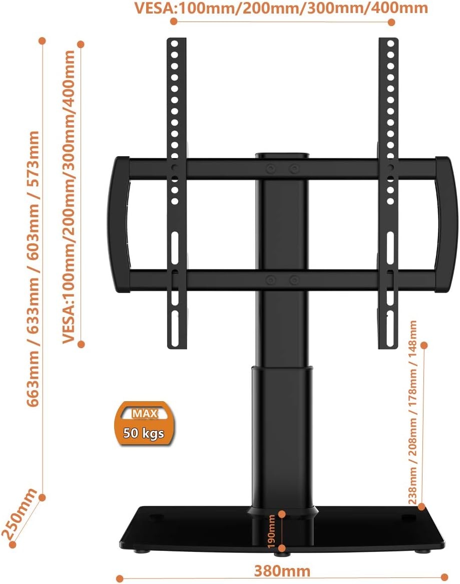 image:imageUniversal Tabletop TV Stand with Wall Mount for 32 to 70 inch 4 Level Height Adjustable Heavy Duty Tempered Glass Base Holds up to 110lbs Screens HT03B002Small