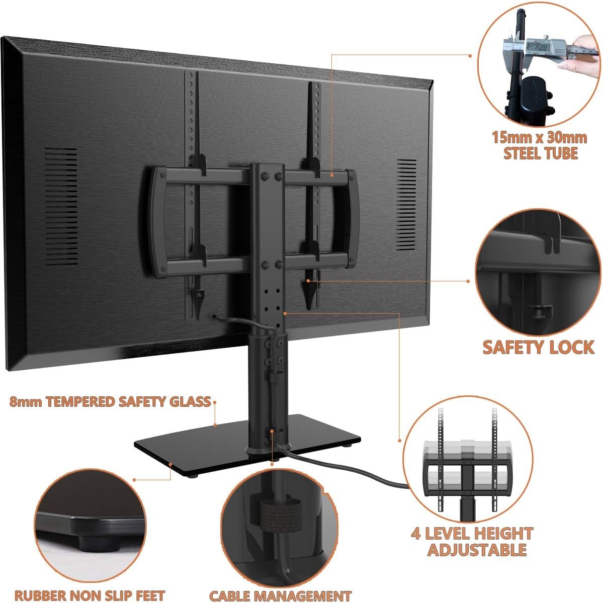 image:imageUniversal Tabletop TV Stand with Wall Mount for 32 to 70 inch 4 Level Height Adjustable Heavy Duty Tempered Glass Base Holds up to 110lbs Screens HT03B002Small