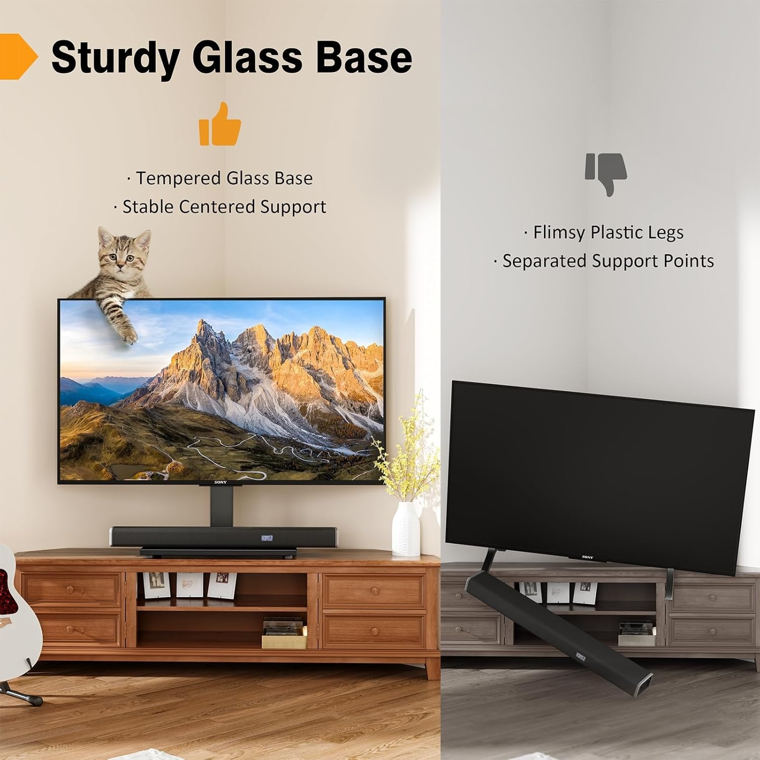 image:imageUniversal Tabletop TV Stand with Wall Mount for 32 to 70 inch 4 Level Height Adjustable Heavy Duty Tempered Glass Base Holds up to 110lbs Screens HT03B0022760 Universal Tabletop TV Stand
