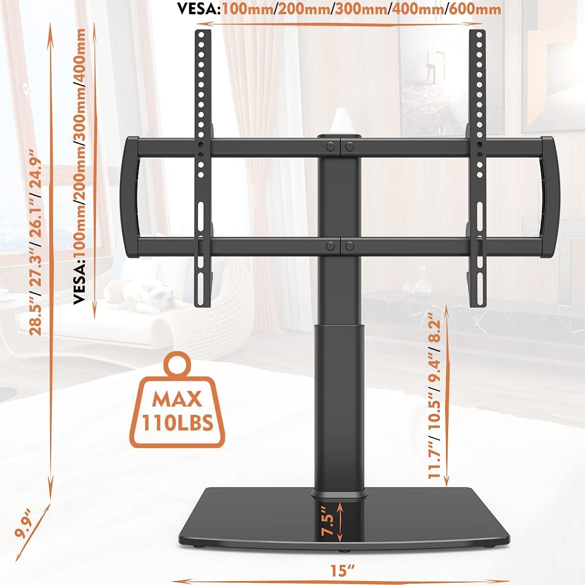 image:imageUniversal Tabletop TV Stand with Wall Mount for 32 to 70 inch 4 Level Height Adjustable Heavy Duty Tempered Glass Base Holds up to 110lbs Screens HT03B0023270 Universal Tabletop TV Stand