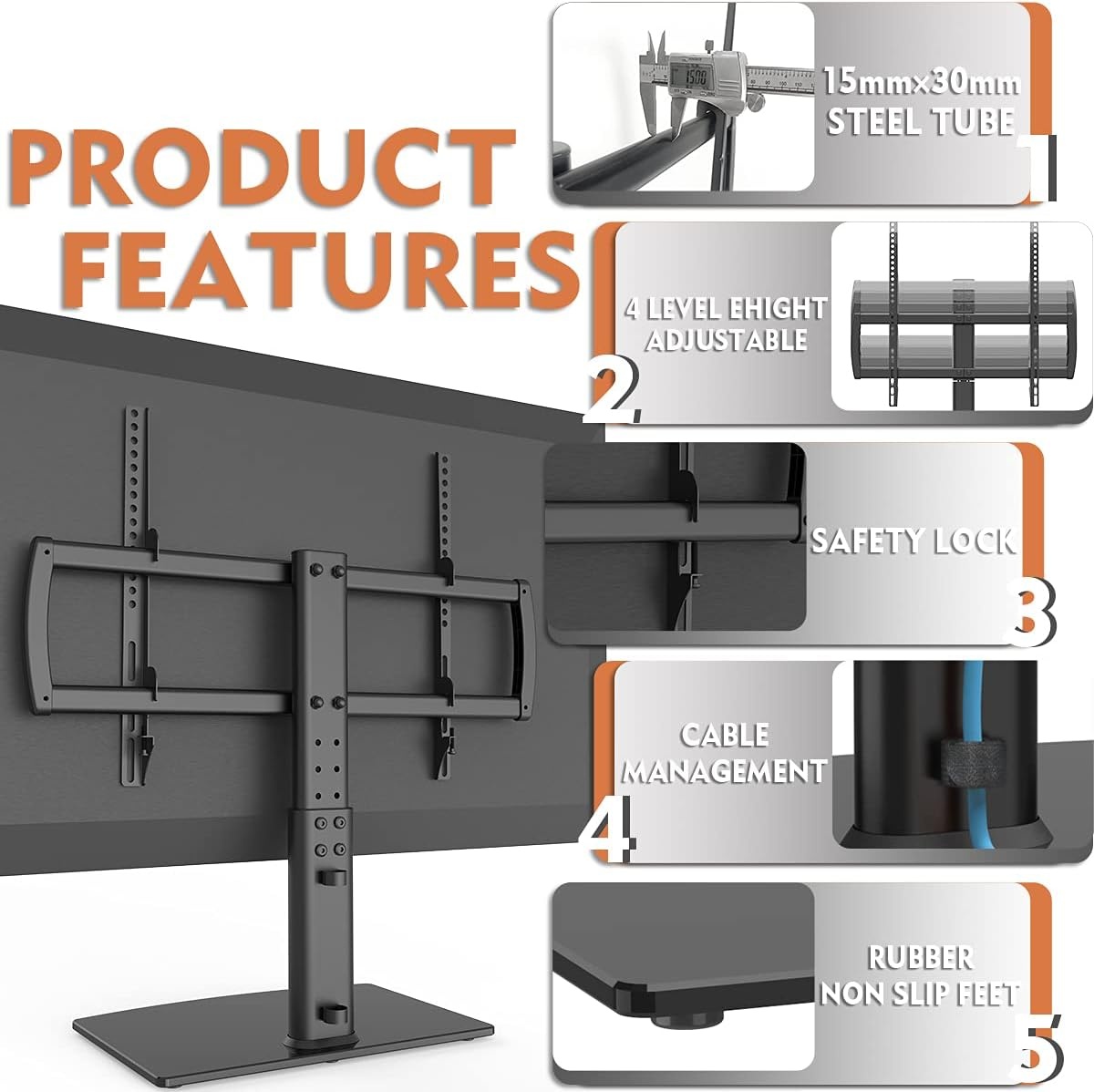 image:imageUniversal Tabletop TV Stand with Wall Mount for 32 to 70 inch 4 Level Height Adjustable Heavy Duty Tempered Glass Base Holds up to 110lbs Screens HT03B0023270 Universal Tabletop TV Stand