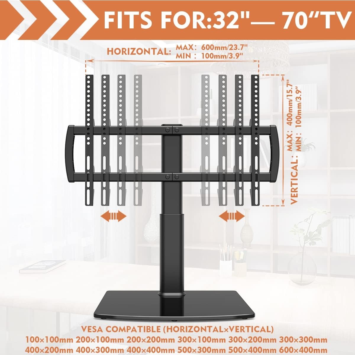 image:imageUniversal Tabletop TV Stand with Wall Mount for 32 to 70 inch 4 Level Height Adjustable Heavy Duty Tempered Glass Base Holds up to 110lbs Screens HT03B0023270 Universal Tabletop TV Stand