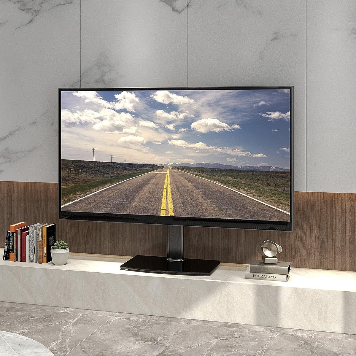 image:imageUniversal Tabletop TV Stand with Wall Mount for 32 to 70 inch 4 Level Height Adjustable Heavy Duty Tempered Glass Base Holds up to 110lbs Screens HT03B0023270 Universal Tabletop TV Stand