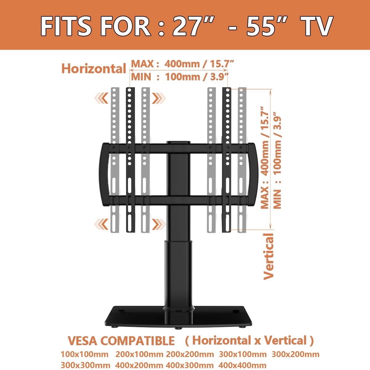 image:imageUniversal Tabletop TV Stand with Wall Mount for 32 to 70 inch 4 Level Height Adjustable Heavy Duty Tempered Glass Base Holds up to 110lbs Screens HT03B002Small