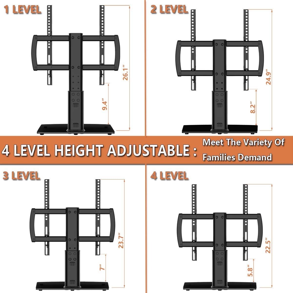image:imageUniversal Tabletop TV Stand with Wall Mount for 32 to 70 inch 4 Level Height Adjustable Heavy Duty Tempered Glass Base Holds up to 110lbs Screens HT03B002Small