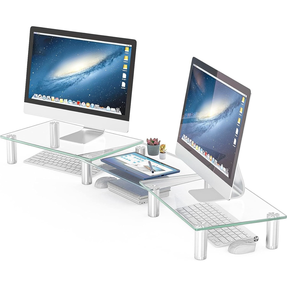 image:imageHemudu Dual Monitor Stand Adjustable Length and Angle Dual Monitor Riser Desktop Organizer for PC Computer Laptop Clear