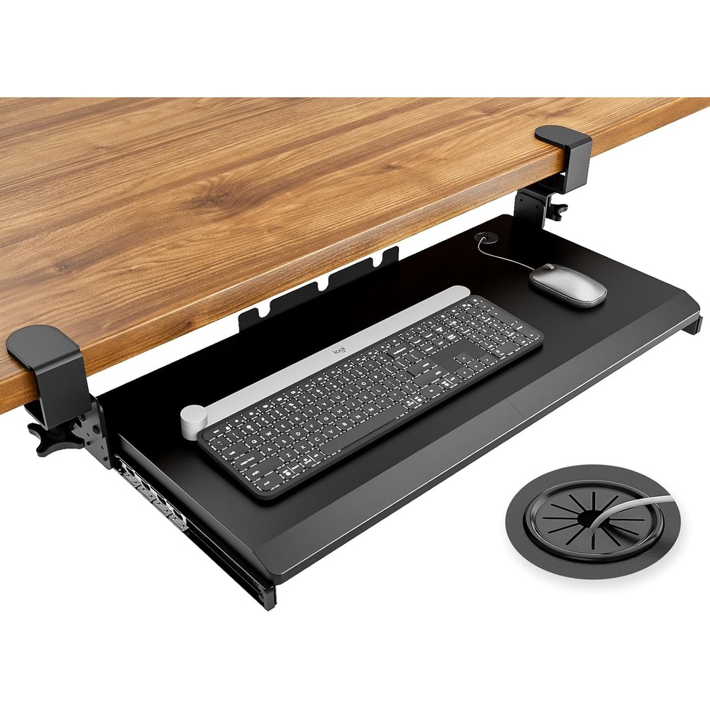 image:imageHemudu Keyboard Tray Under Desk Pull Out with Extra Sturdy C Clamp Mount System 273 325 inch Including Clamps x 11 Inch SlideOut Platform Computer Drawer for Typing Black