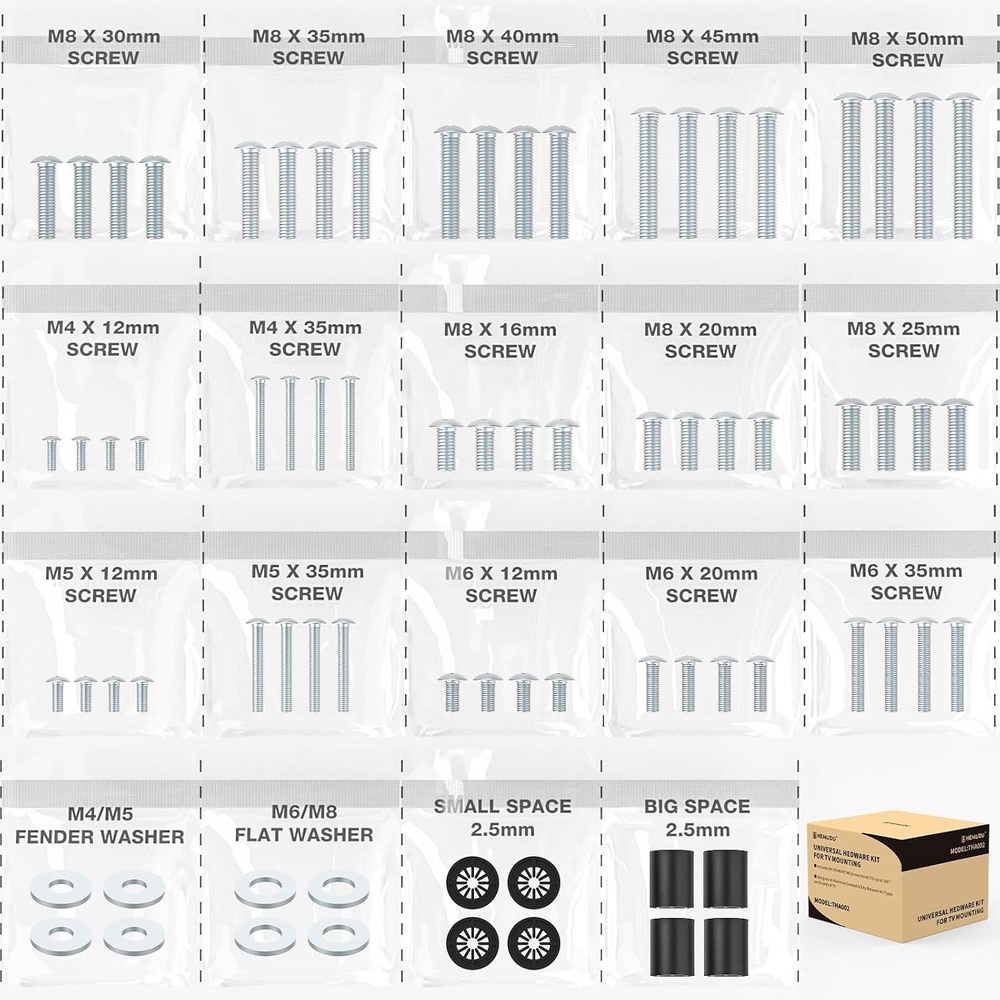 image:imageTV Mount Screws Universal TV Installation Hardware Kit Includes M4 M5 M6 M8 Sets Screws and Spacers for Samsung Vizio LG TCL Sony Sharp Philips Panasonic amp More Up to 100 HTA001White