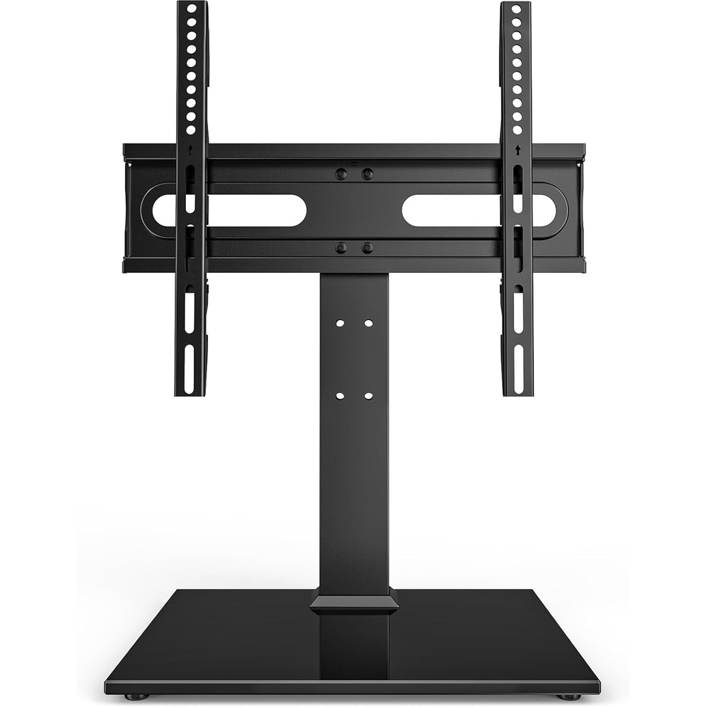 image:imageUniversal SwivelTable Top TV Stand 27 to 60 inch TVs 80 Degree Swivel 4 Level Height Adjustable Heavy Duty Tempered Glass Base Holds up to 99lbs Screens HT04B0012760 Universal Tabletop TV Stand