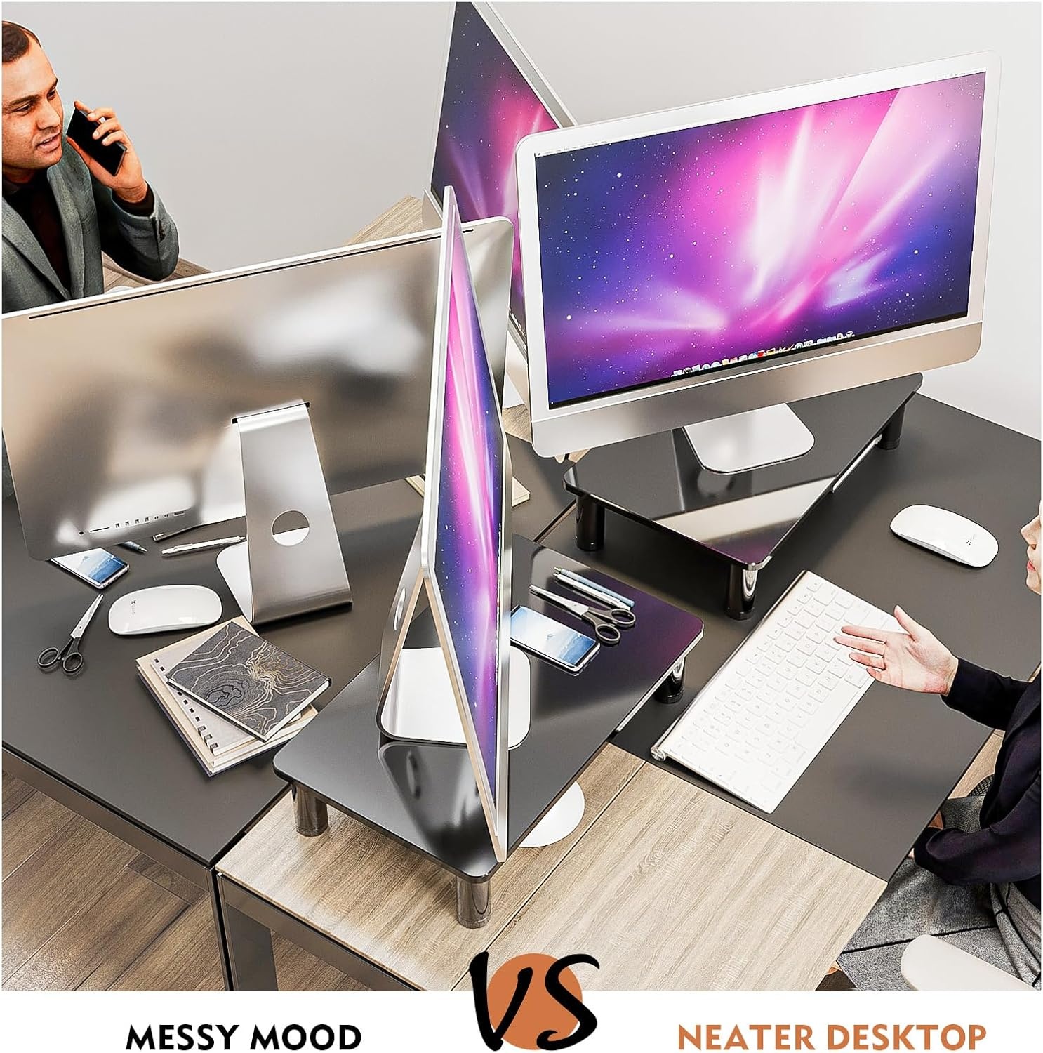image:imageHemudu 2 Pack Computer Monitor Stand Riser with Height Adjustable Multi Media Desktop Stand for Flat Screen LCD LED TV LaptopNotebookXbox One Black HD01B202Black