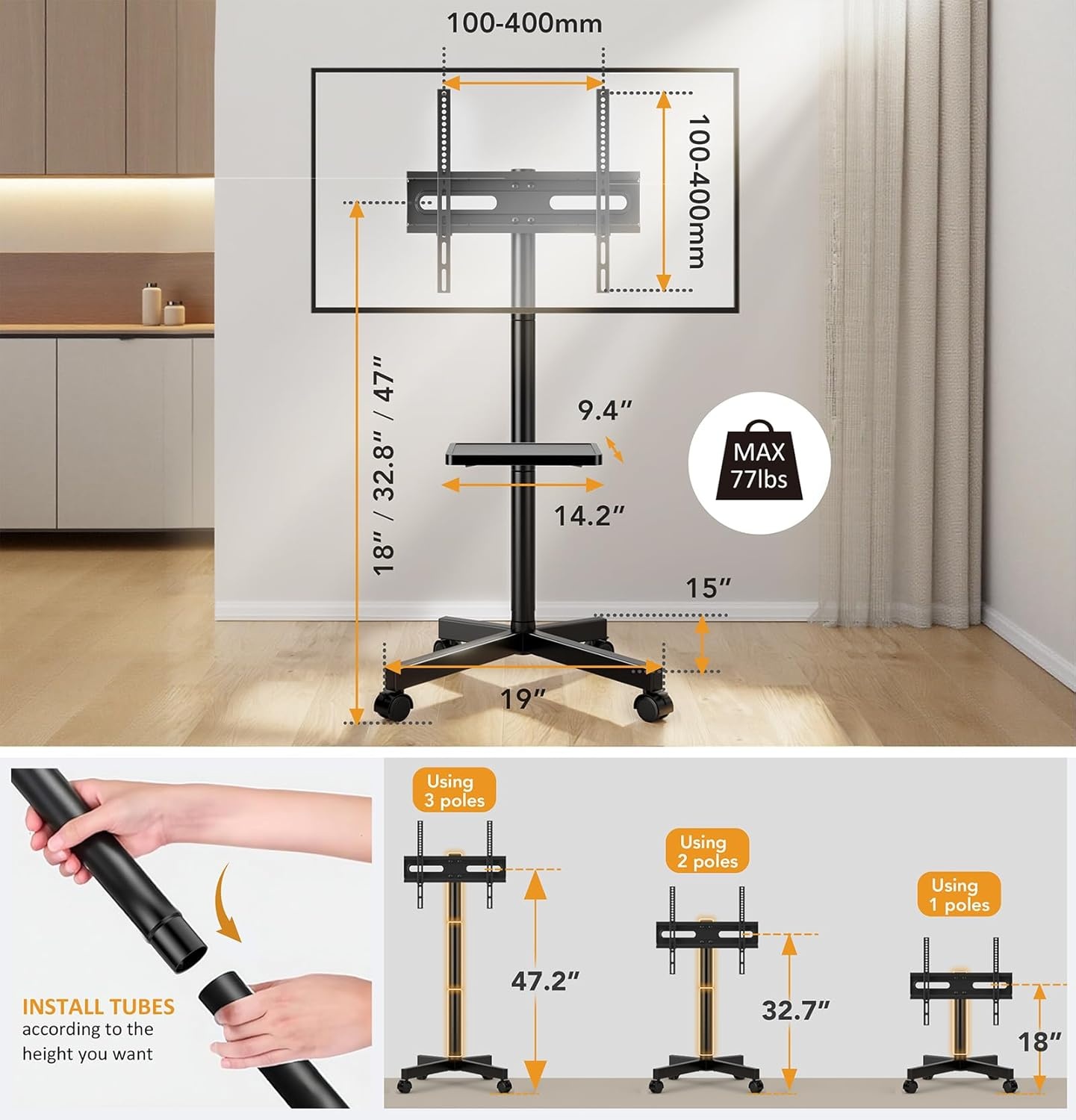 image:imageHemudu Mobile TV Stand for 2360 Inch LCD LED FlatCurved Screen TVs TV Cart Holds up to 77Lbs Rolling TV Stand with Tilt Height Adjustable Pole TV Floor Stand with Shelf Max VESA 400x400mm2360 FLOOR MOBILE TV STAND WITH WHEEL