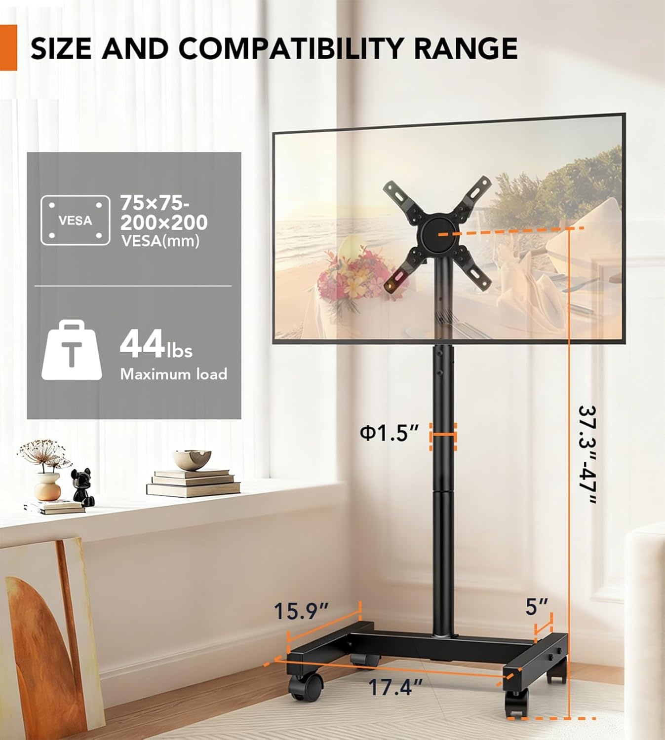 image:imageMobile TV Floor Stand for 1350 inch LCD LED FlatCurved Panel Screen TVs up to 44 lbs Height Adjustable TV Stand Mount with VESA 200x200 Portable TV Stand with Tilt Function HT1007BM1350 SWIVEL FLOOR TV STAND