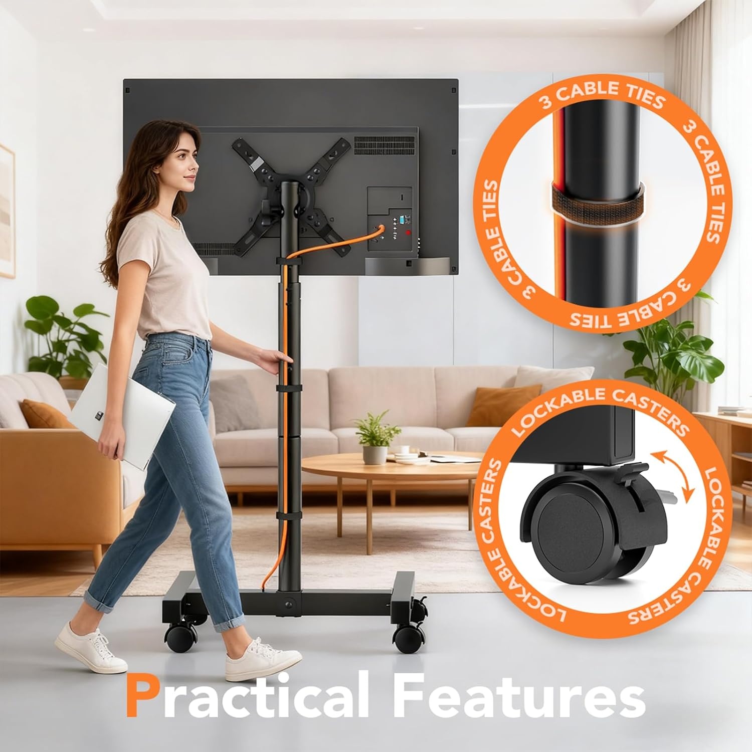 image:imageMobile TV Floor Stand for 1350 inch LCD LED FlatCurved Panel Screen TVs up to 44 lbs Height Adjustable TV Stand Mount with VESA 200x200 Portable TV Stand with Tilt Function HT1007BM1350 SWIVEL FLOOR TV STAND