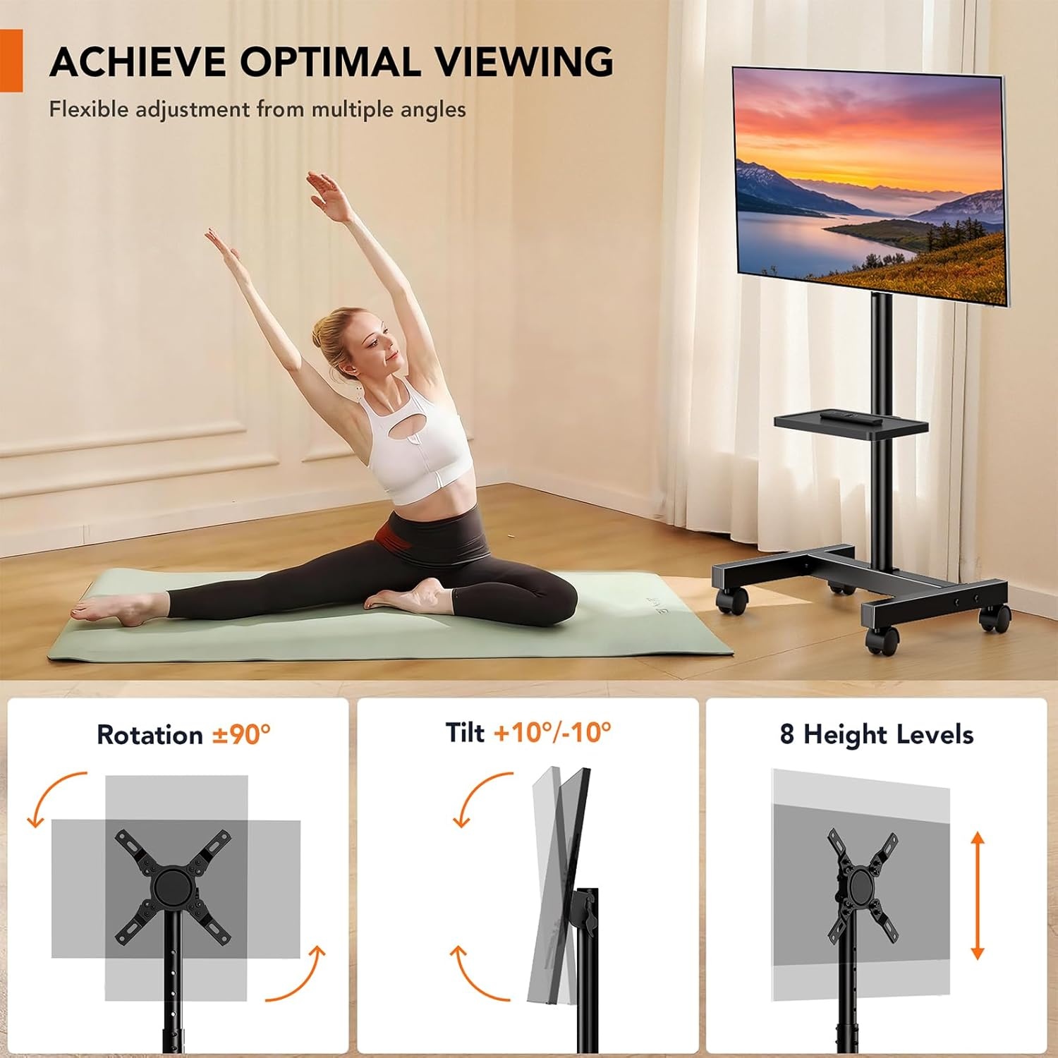 image:imageMobile TV Floor Stand for 1350 inch LCD LED FlatCurved Panel Screen TVs up to 44 lbs Height Adjustable TV Stand Mount with VESA 200x200 Portable TV Stand with Tilt Function HT1007BM1350 Swivel Floor Tv Stand With Shelf