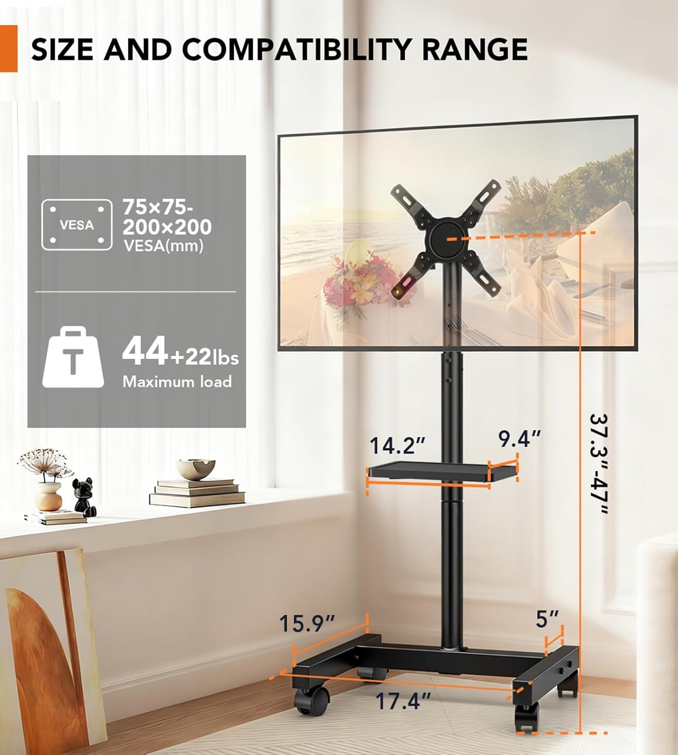 image:imageMobile TV Floor Stand for 1350 inch LCD LED FlatCurved Panel Screen TVs up to 44 lbs Height Adjustable TV Stand Mount with VESA 200x200 Portable TV Stand with Tilt Function HT1007BM1350 Swivel Floor Tv Stand With Shelf