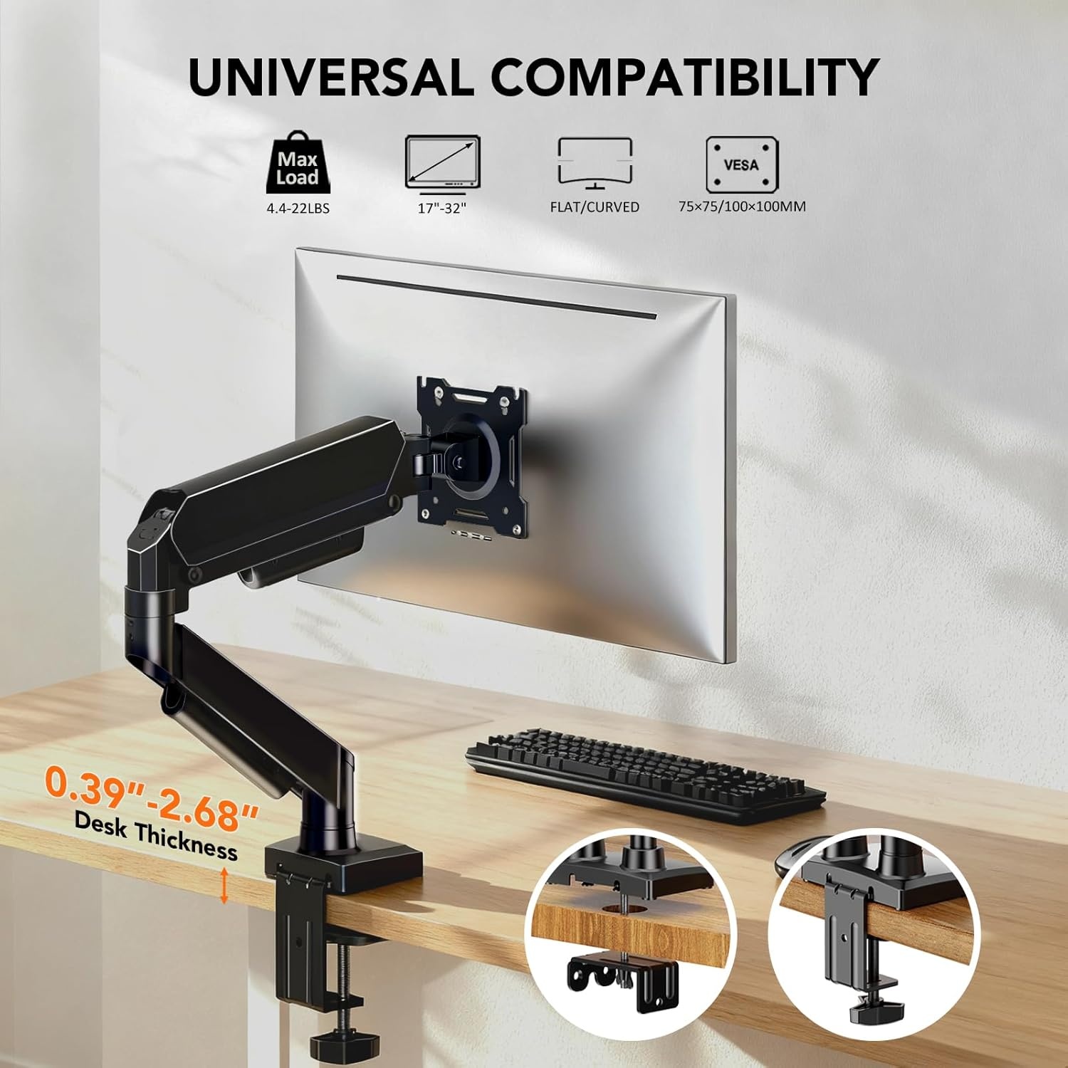 image:imageSingle Monitor Mount Gas Spring Arm for 1732 inch Screens Adjustable Monitor Stand Vesa Mount Stand with Clamp and Grommet Aluminum Base Fits 44 to 22lbs LCD Computer Monitors HD09B001Single monitor arm
