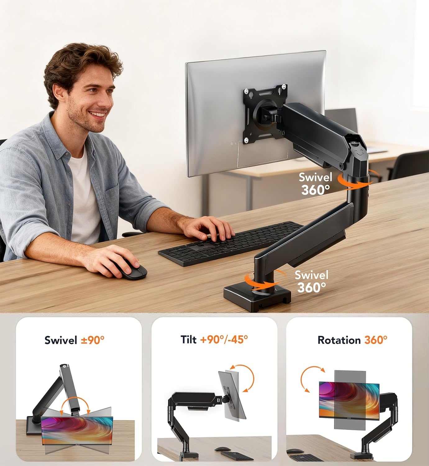 image:imageSingle Monitor Mount Gas Spring Arm for 1732 inch Screens Adjustable Monitor Stand Vesa Mount Stand with Clamp and Grommet Aluminum Base Fits 44 to 22lbs LCD Computer Monitors HD09B001Single monitor arm