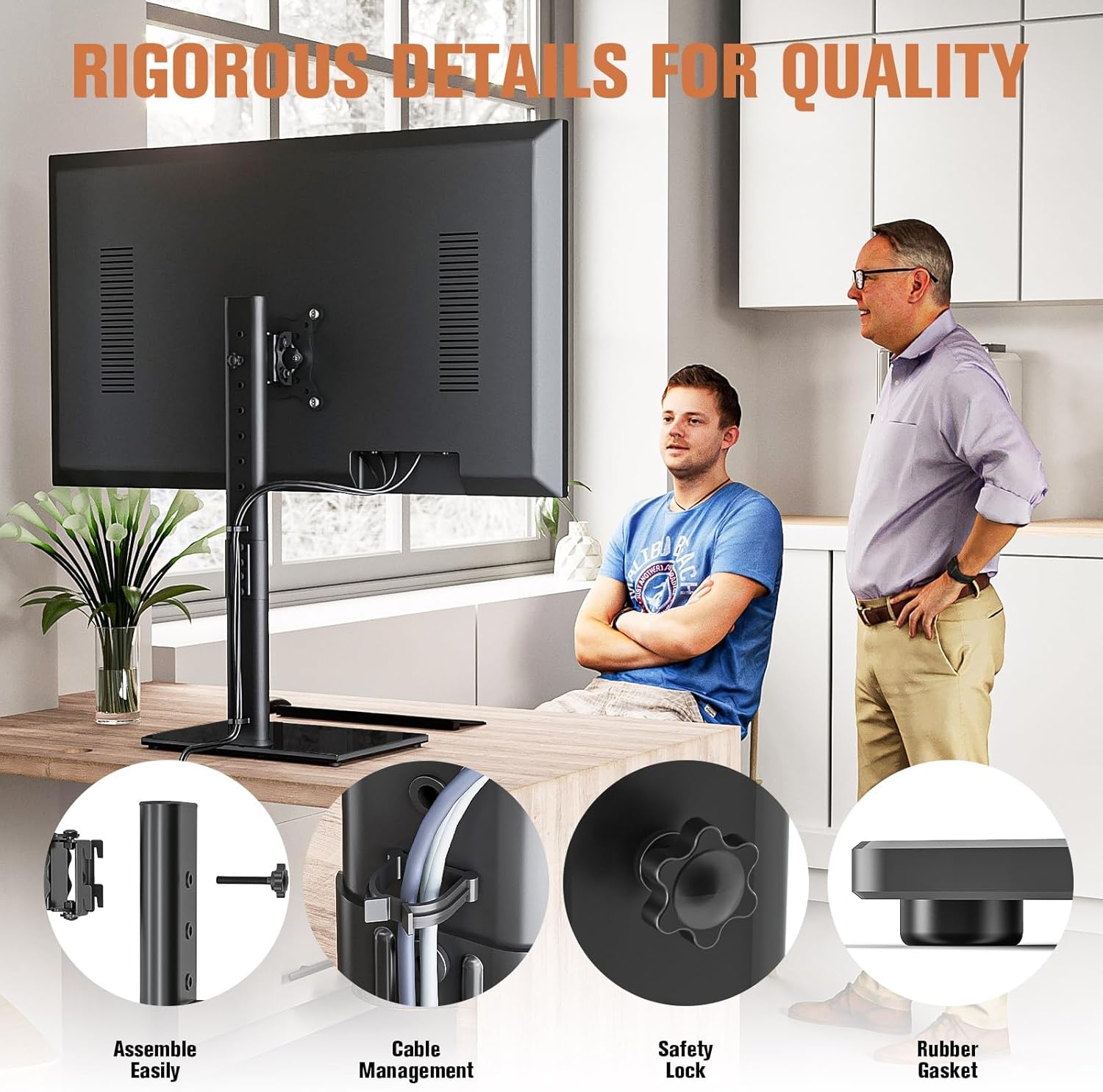 image:imageSingle Monitor Stand Freestanding 2743 Inch Monitor Arm Curved Screen Monitor Mount Tempered Glass Base Adjustable Motion Tilt 15 to 10 Swivel 45 Rotation 360 Weight Capacity 77lbs HT05B003