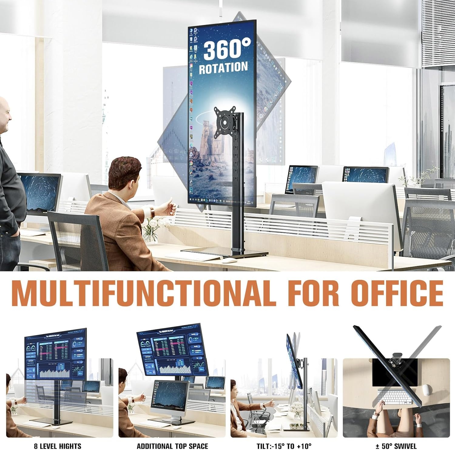 image:imageSingle Monitor Stand Freestanding 2743 Inch Monitor Arm Curved Screen Monitor Mount Tempered Glass Base Adjustable Motion Tilt 15 to 10 Swivel 45 Rotation 360 Weight Capacity 77lbs HT05B003