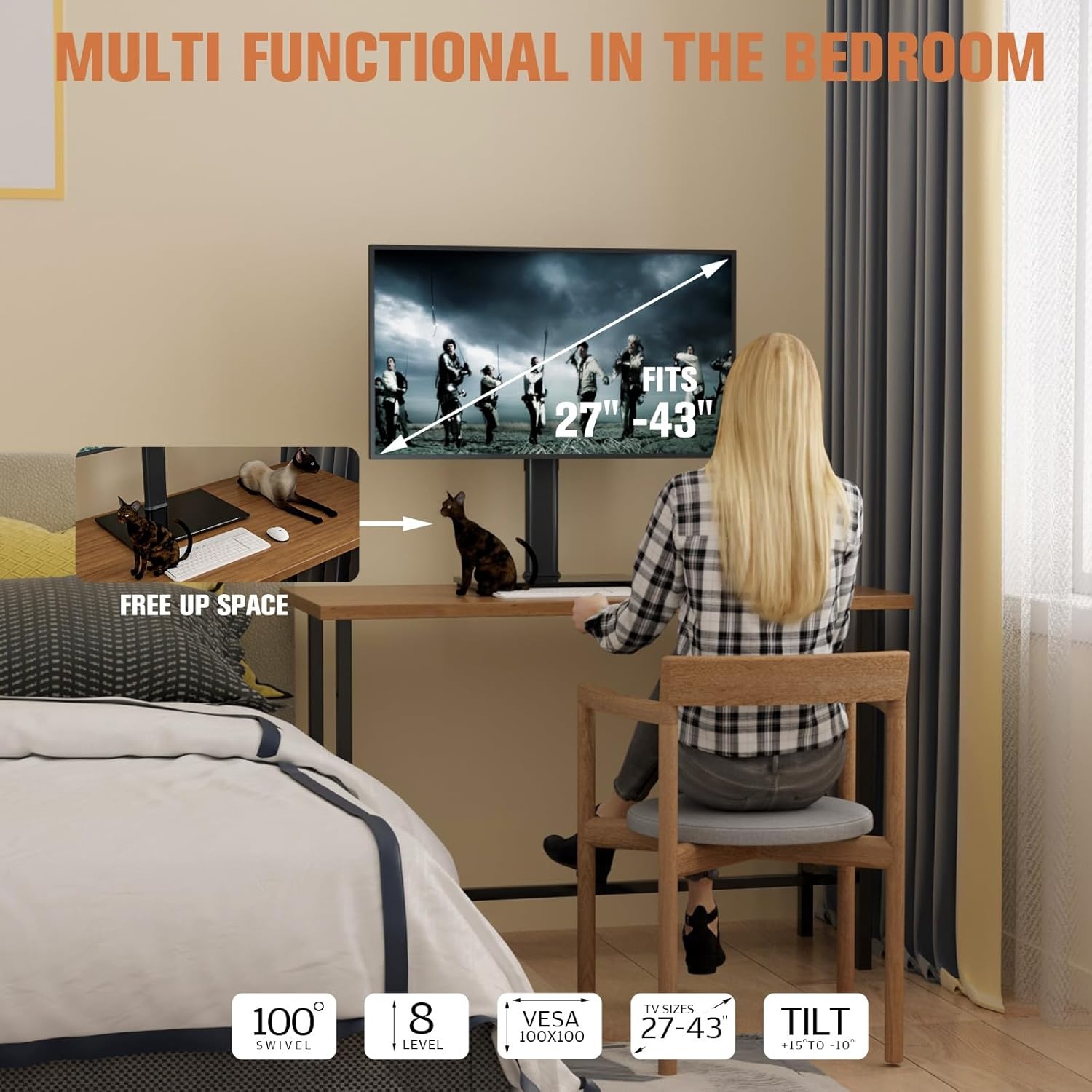 image:imageSingle Monitor Stand Freestanding 2743 Inch Monitor Arm Curved Screen Monitor Mount Tempered Glass Base Adjustable Motion Tilt 15 to 10 Swivel 45 Rotation 360 Weight Capacity 77lbs HT05B003