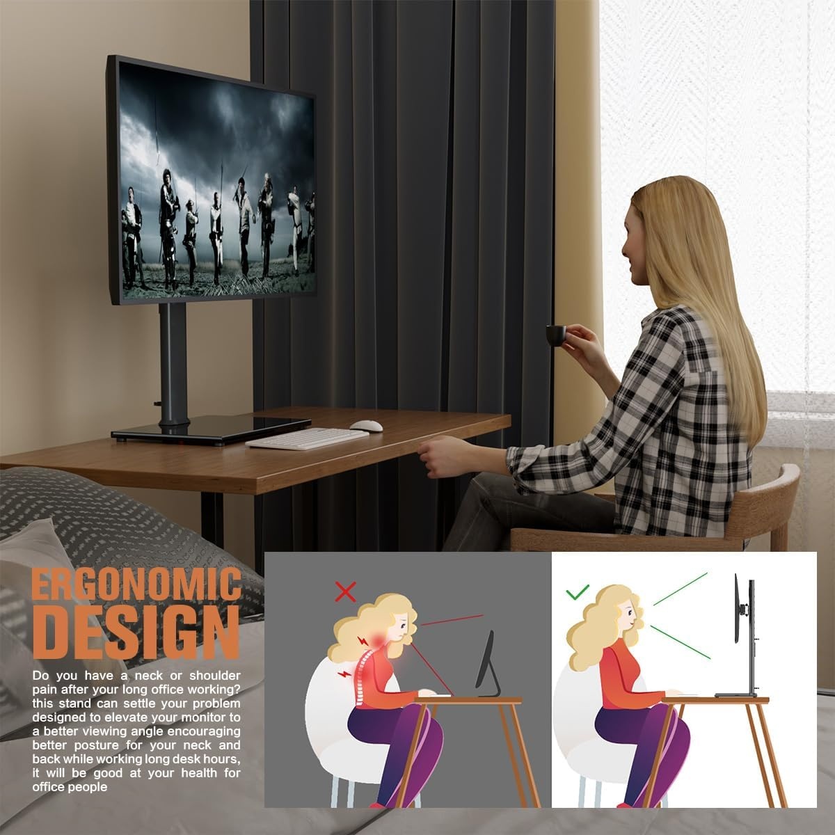 image:imageSingle Monitor Stand Freestanding 2743 Inch Monitor Arm Curved Screen Monitor Mount Tempered Glass Base Adjustable Motion Tilt 15 to 10 Swivel 45 Rotation 360 Weight Capacity 77lbs HT05B003