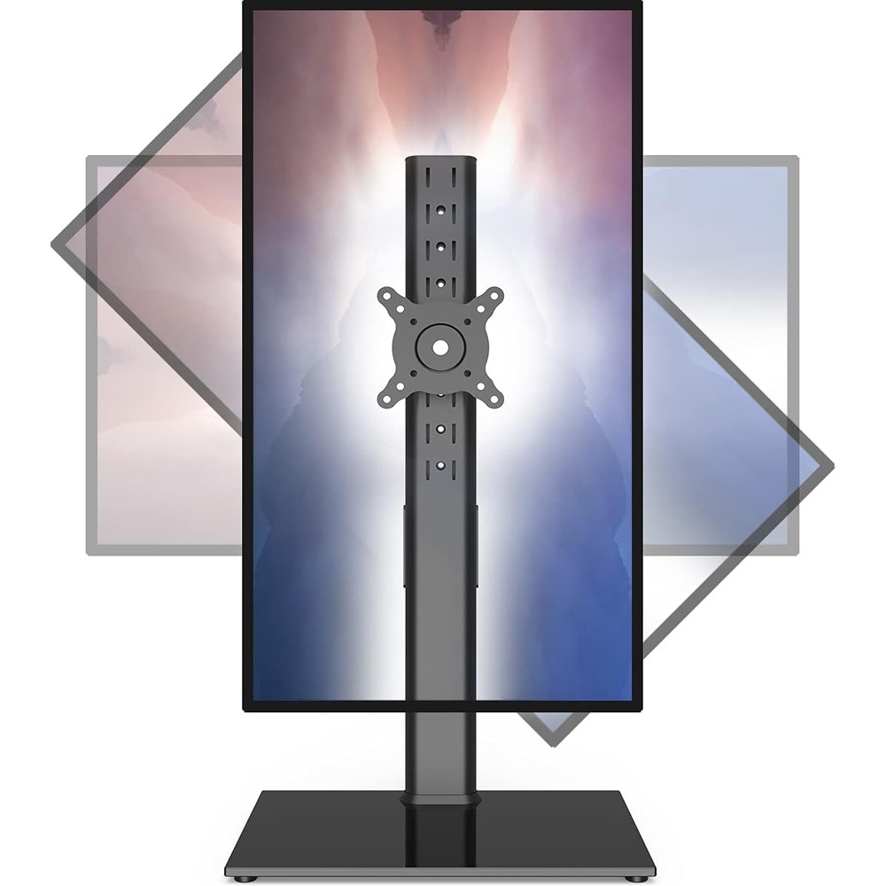 image:imageSingle Monitor Stand Freestanding 2743 Inch Monitor Arm Curved Screen Monitor Mount Tempered Glass Base Adjustable Motion Tilt 15 to 10 Swivel 45 Rotation 360 Weight Capacity 77lbs HT05B003